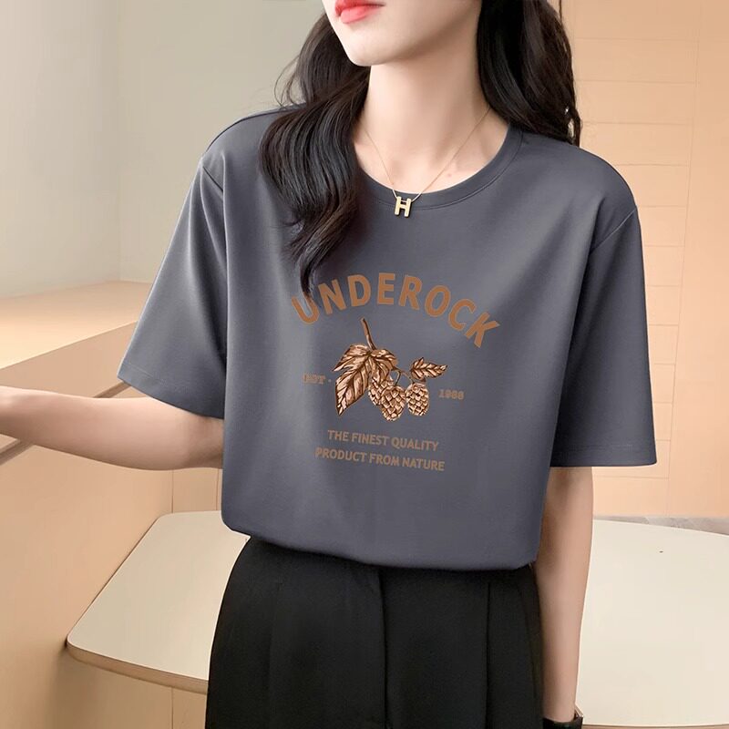 고급 텐셀 반팔 티셔츠 디자인 오른쪽 어깨 여름 신상 여장 루즈핏 날씬한 프린트 탑