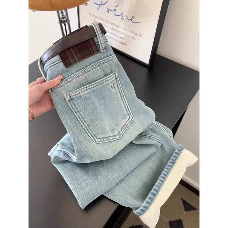 港风宽松浅蓝色加绒直筒牛仔裤女秋冬高腰垂感显瘦阔腿加厚长裤子