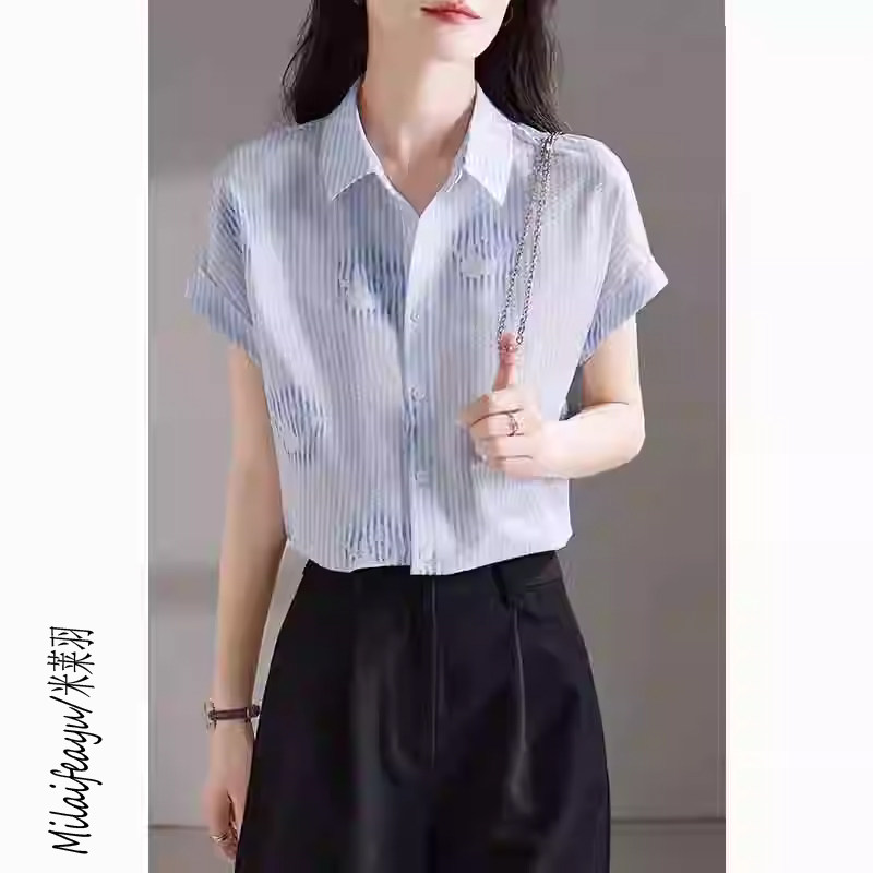 高级感时尚条纹衬衣气质夏季新款百搭宽松显瘦雪纺短袖衬衫女上衣