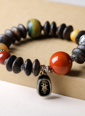 柏利来原创虫漏沉香木手串藏饰金刚杵战国红玛瑙文玩民族风佛珠