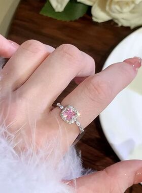 新款爆闪粉钻小方糖戒指女轻奢高级感单钻饰品尾戒开口食指环送礼