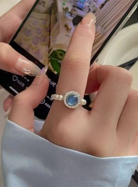 海蓝宝珍珠戒指大海蓝色珍珠指环小众设计高级感气质手饰女个性