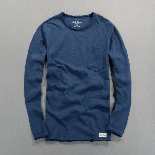 洗水做旧口袋秋季白色长袖t恤