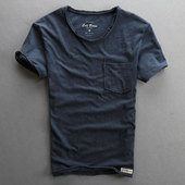 夏季 圆领纯棉纯色做旧日系休闲口袋男T恤 T恤男修身 薄款 竹节棉短袖