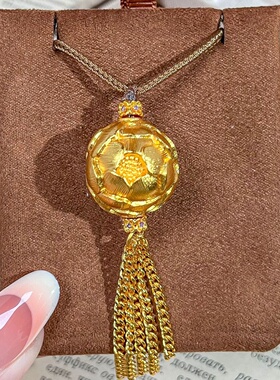 镀真金高保色沙金牡丹珠流苏吊坠古法錾刻花球编绳项链百搭气质批
