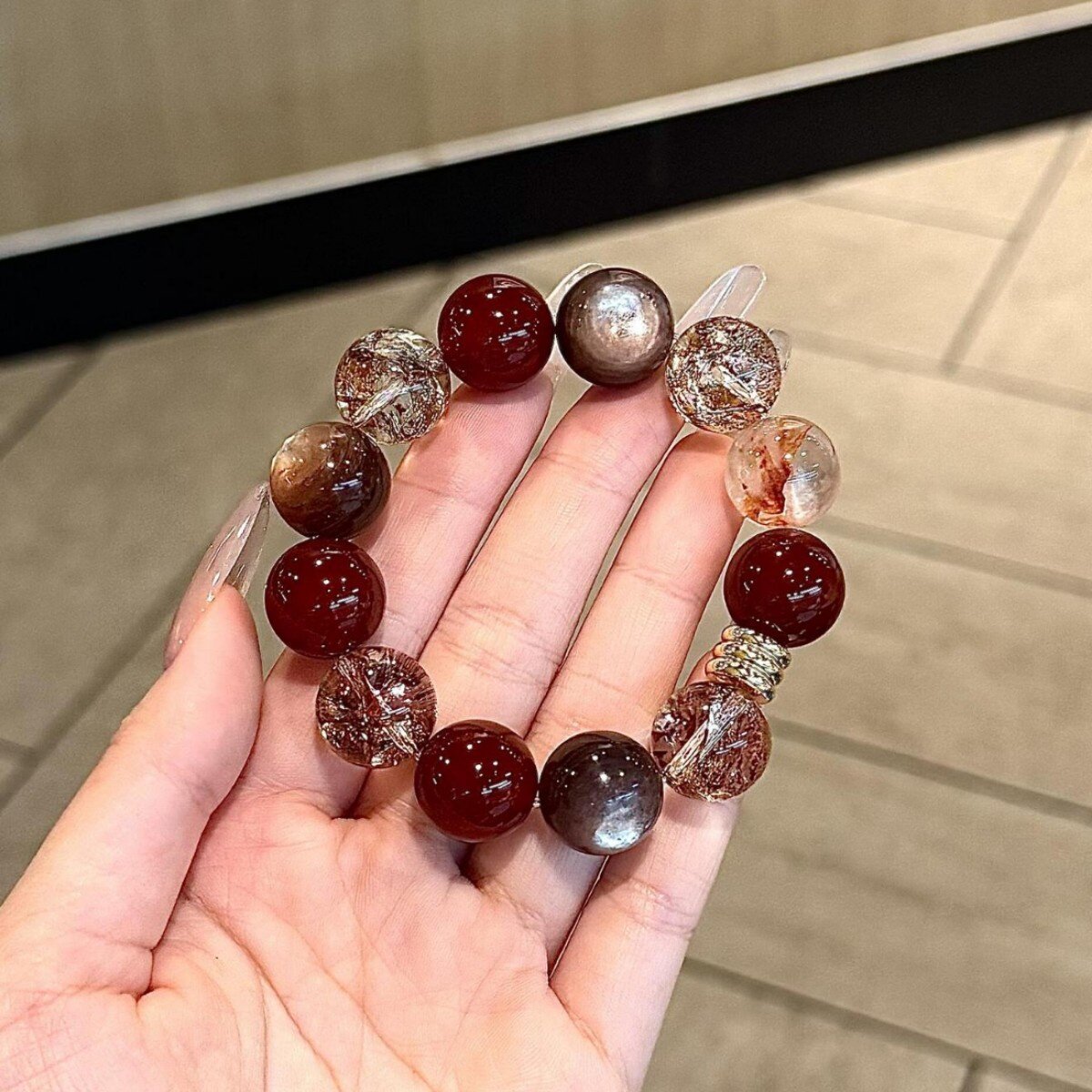 天然红玛瑙金箔紫锂云母水晶手串女小众高级感设计送闺蜜女友