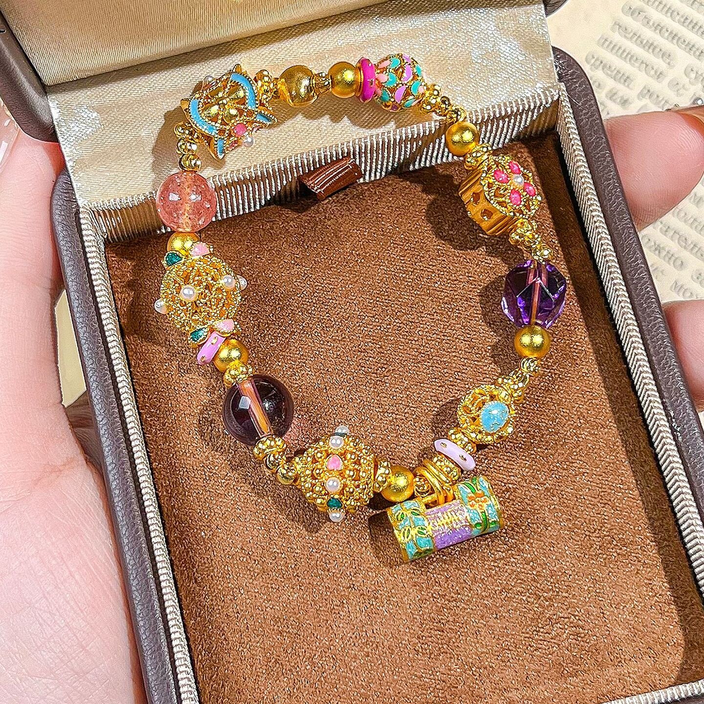 新中式烧蓝鎏金珐琅彩童趣珍珠缤纷紫水晶圆珠手链镂空转运珠手链