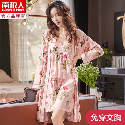 Осенняя демисезонная пижама, сексуальный хлопковый лонгслив, топ с чашечками, кружевной комплект, банный халат, эффект подтяжки