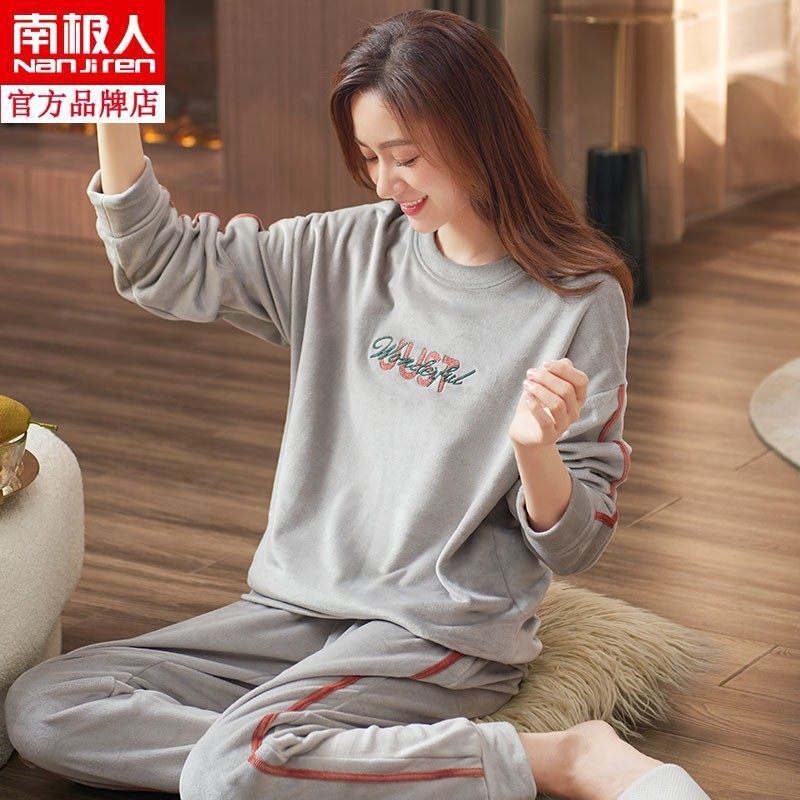 南极人睡衣女士秋冬季海岛绒加厚保暖薄珊瑚绒套头圆领家居服大码