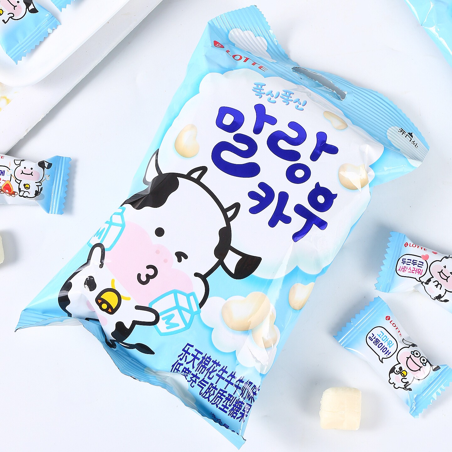 韩国进口乐天棉花牛牛奶糖草莓牛奶味软糖糖果卡通可爱风传统零食