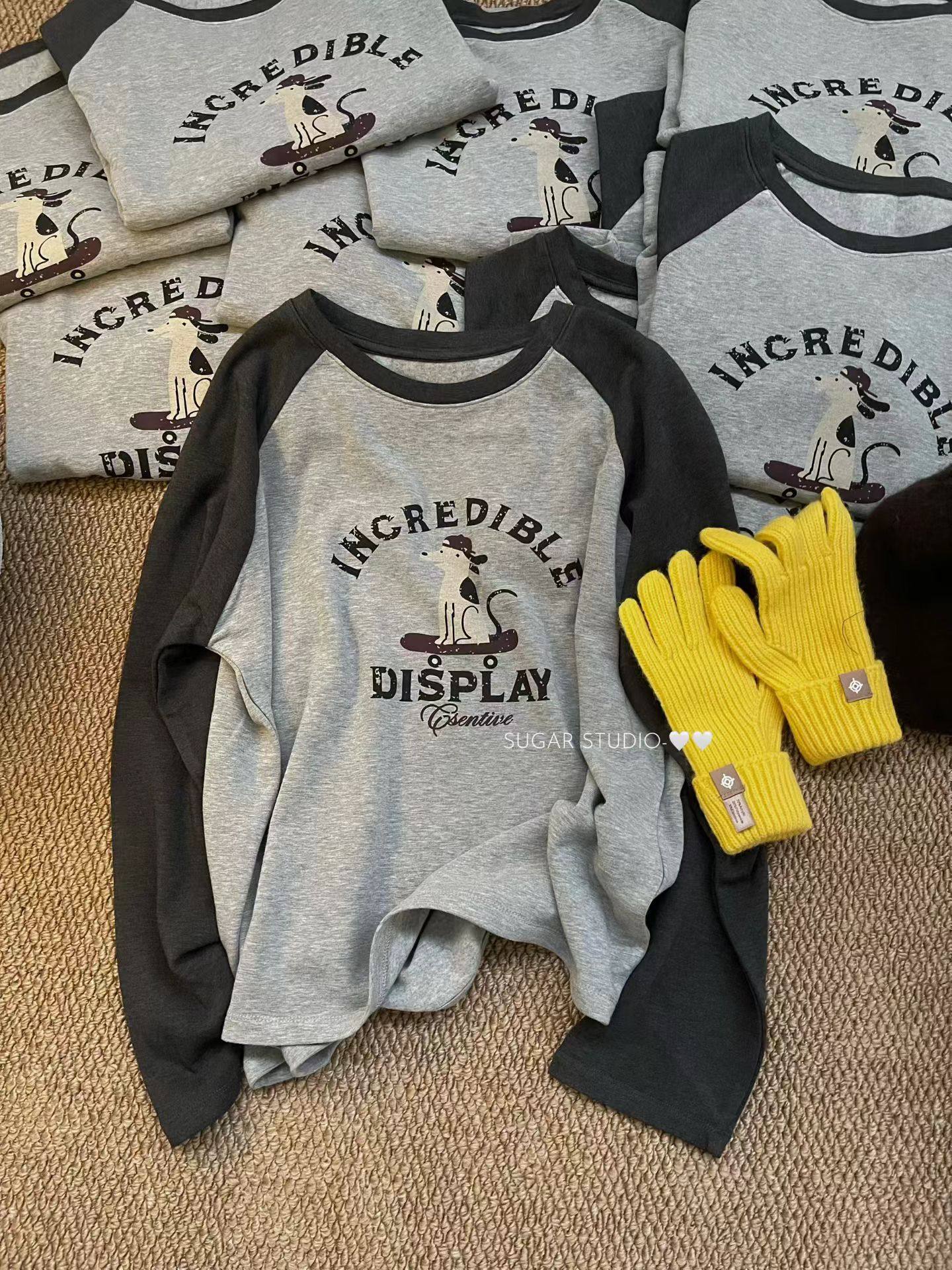 FANERER 软糯Q弹 羊绒拉毛加厚薄绒插肩印花长袖T恤女上衣打底衫