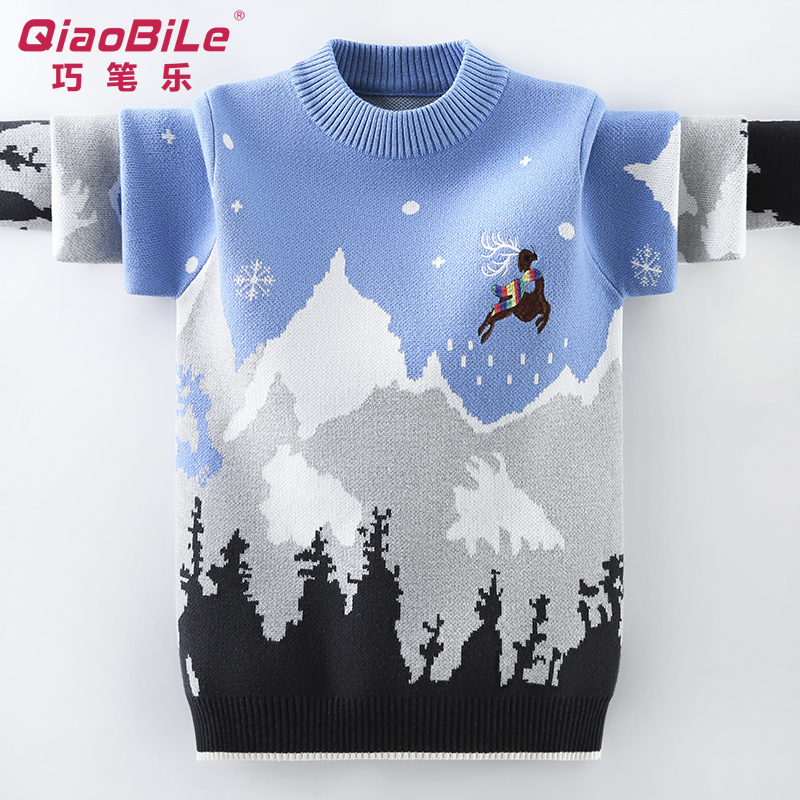 男童毛衣小鹿加绒加厚拼色2025新款中大童针织衫秋冬韩版纯棉打底