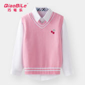 女童全棉背心薄2025春秋新款 中大儿童加绒厚马甲V领套头坎肩毛衣