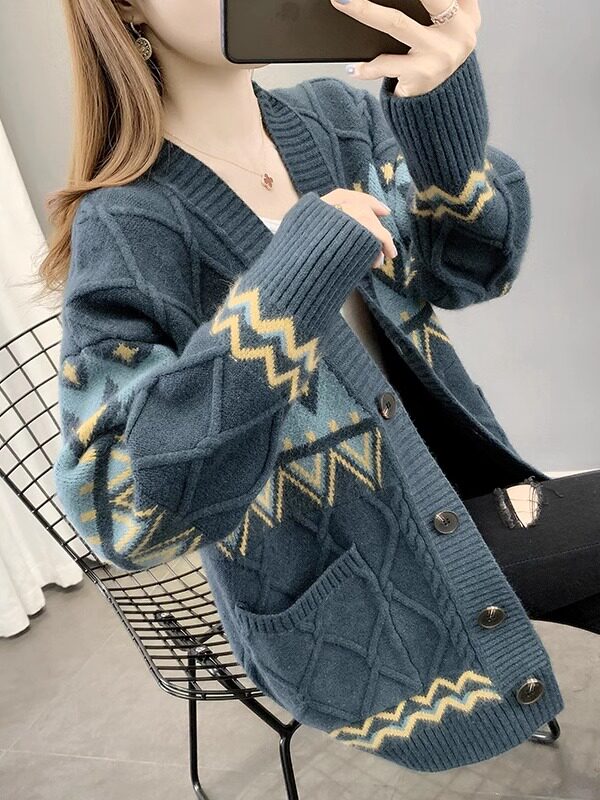 潮牌2525菱格女士毛衣外套春秋新款秋季针织衫洋气宽松开衫上衣女