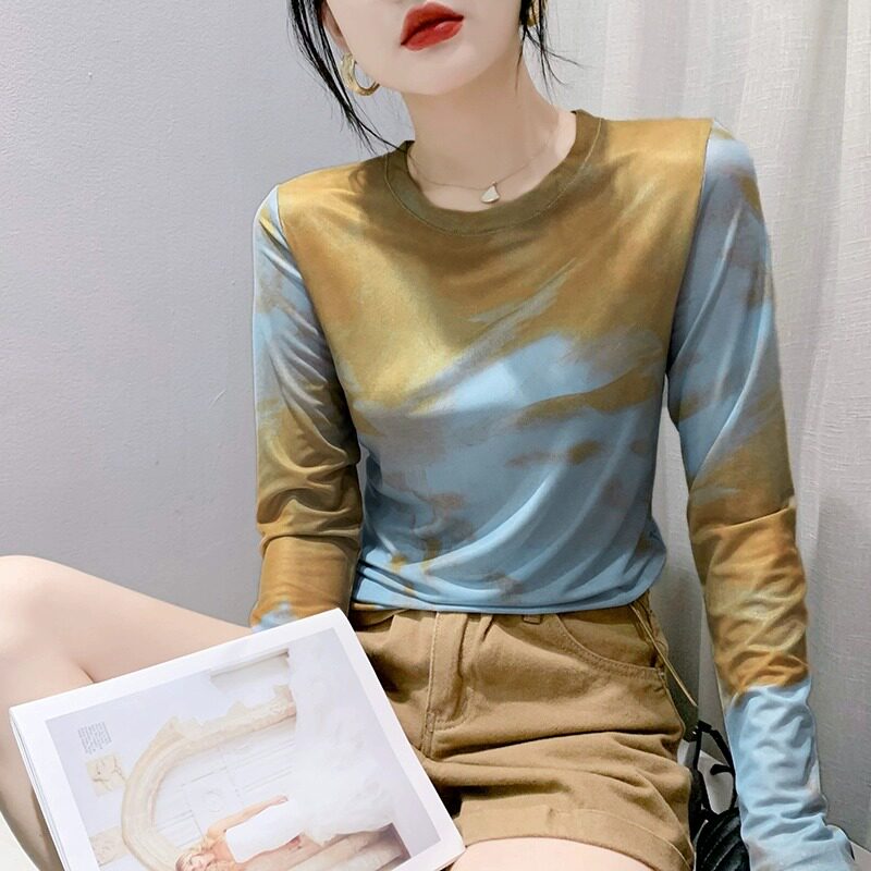 潮牌2525网纱扎染长袖打底衫女春秋新款设计感印花洋气修身上衣,女装/女士精品,T恤,淘宝优惠券,粉丝福利购,淘宝优惠卷