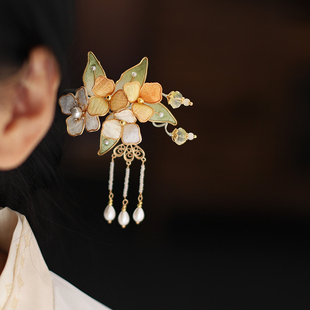 非遗掐丝仿绒花黑禅木盘发发簪步摇流苏古风花朵簪子汉服明制头饰