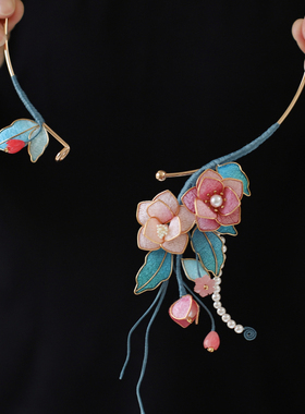粉色牡丹花新中式项链手工绒布小众珍珠锁骨链气质旗袍项链仿绒花