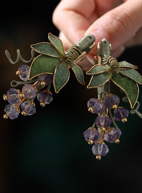 紫色葡萄藤叶古风发夹后压盘发头饰汉服配饰绝美新中式旗袍发饰女