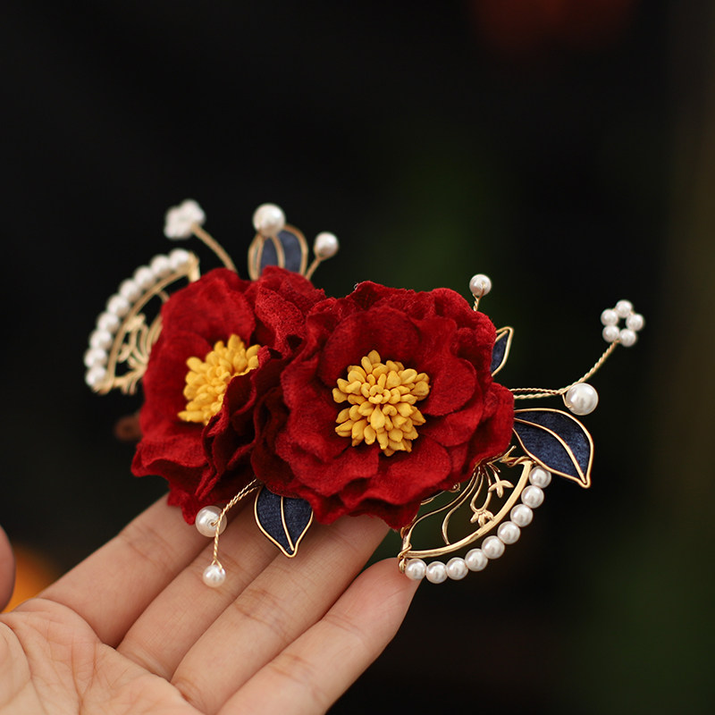 山茶花复古发夹花朵新娘红花头饰妈妈婚宴金属发饰秀禾服订婚配饰