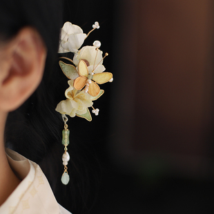 清新黄色蝴蝶盘发簪子古风流苏花朵发簪汉服后压发钗唐风森系头饰