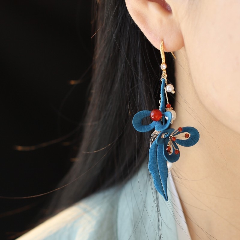 手工缠花蓝色耳环花朵新中式流苏耳饰古风汉服配饰轻奢高级感耳钉