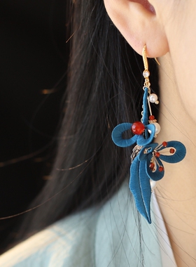 手工缠花蓝色耳环花朵新中式流苏耳饰古风汉服配饰轻奢高级感耳钉