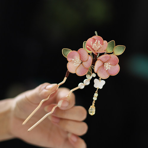 粉色发饰桃花流苏古风u型发簪汉服盘发头饰新中式旗袍秀禾配饰女