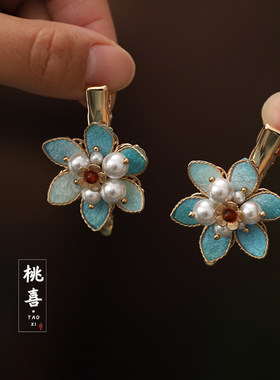 蓝色水仙花掐丝花朵发夹精致侧边夹日常点缀新中式古风汉服头饰女