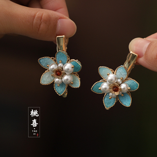 蓝色水仙花掐丝花朵发夹精致侧边夹日常点缀新中式古风汉服头饰女