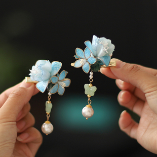 国风新中式花朵发夹蓝色水仙花流苏步摇古风边夹女童汉服头饰发饰