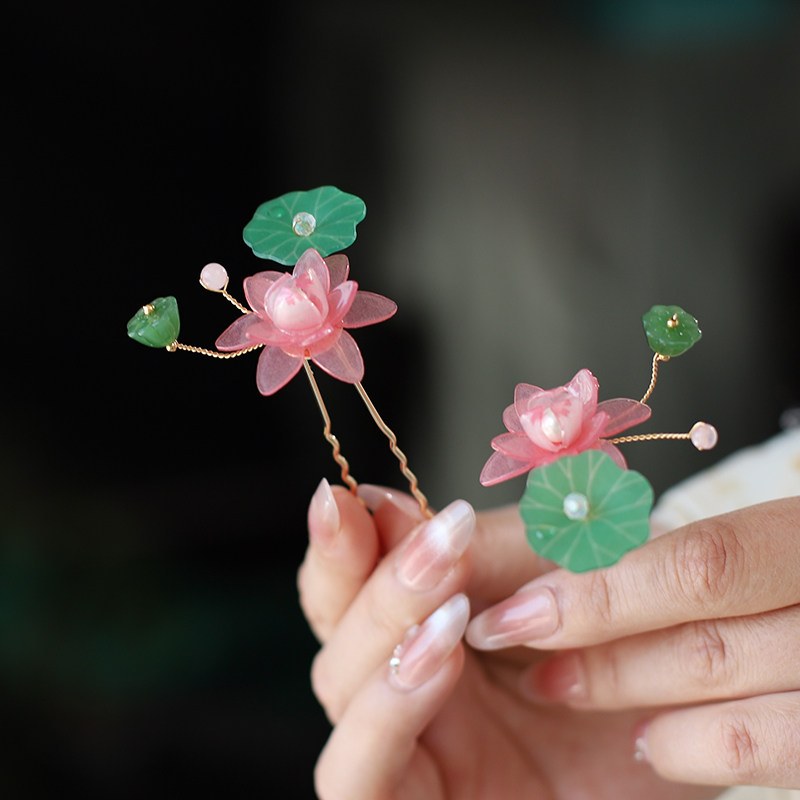 森系古风荷花发簪唐风女童汉服发饰日常点缀发钗女儿童古典舞配饰