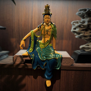 水月自在观音佛像彩绘工艺品客厅书房办公家居玄关新中式禅意摆件