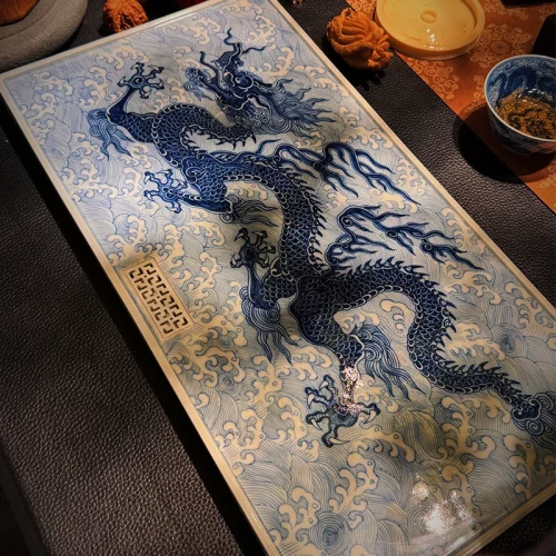 景德镇纯手绘龙纹鱼藻干炮台茶盘