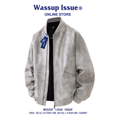 WASSUP ISSUE美式麂皮飞行夹克男款春秋皮衣宽松情侣棒球领外套男