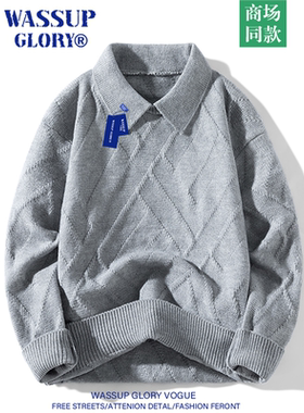 WASSUP GLORY灰色翻领毛衣男秋冬新款设计感小众毛线衣潮牌针织衫