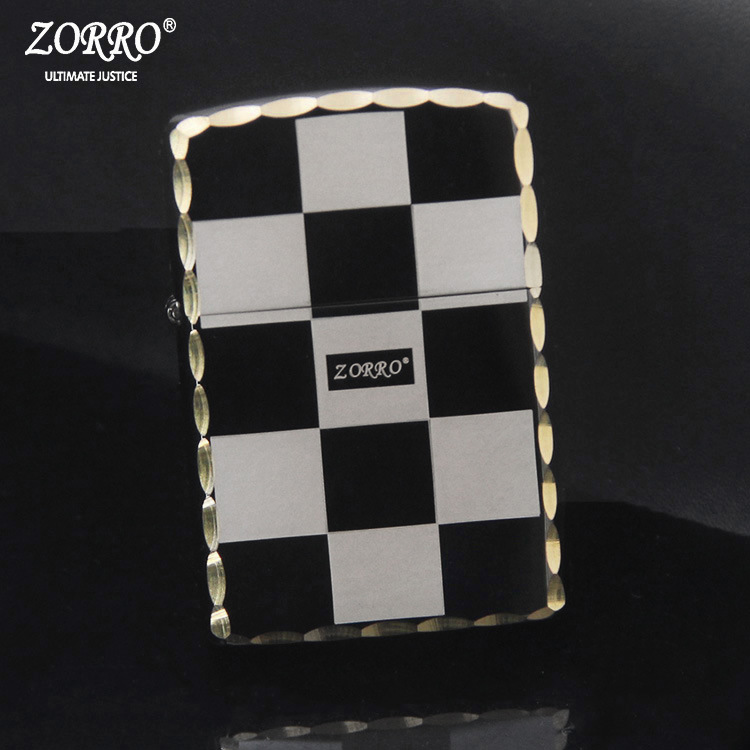 包邮ZORRO佐罗复古黑冰打边方格标防风个性创意砂轮煤油打火机