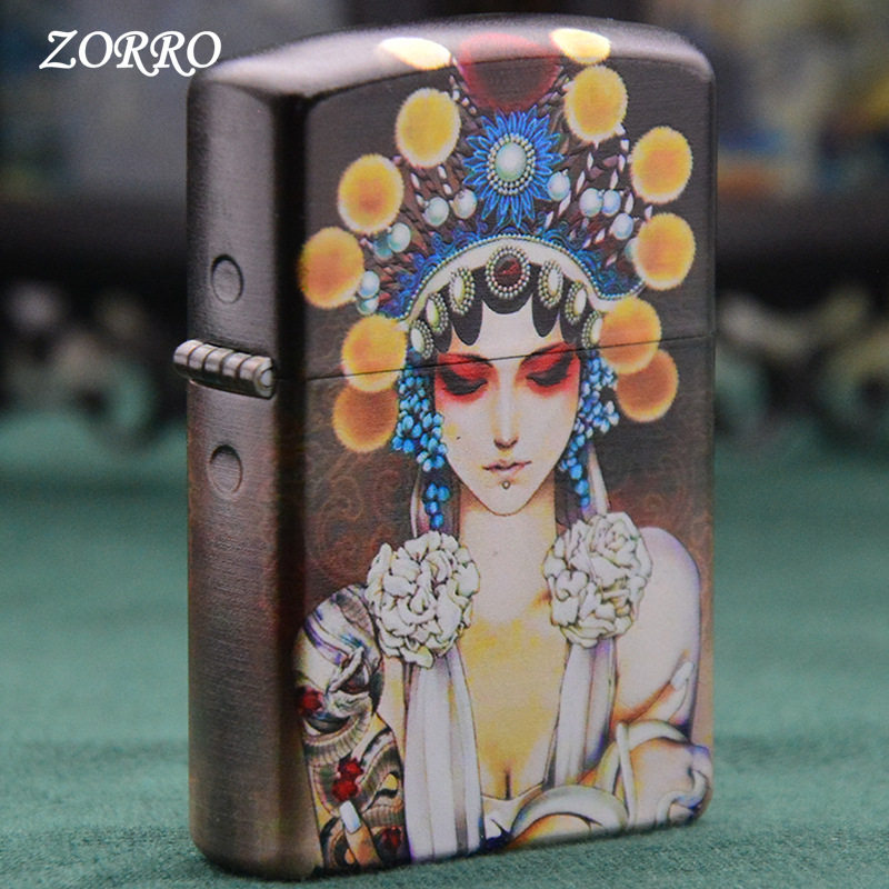 包邮ZORRO/佐罗黄铜创意彩印花旦防风个性砂轮煤油打火机中国风