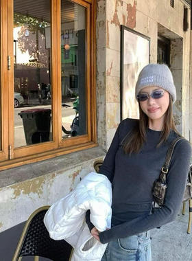 TF白色圆领长袖t恤女纯棉2025冬季新款修身内搭加绒打底衫上衣潮