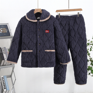 冬季 情侣珊瑚绒夹棉睡衣三层加厚加绒保暖男女士可外穿家居服套装