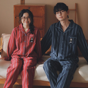 全棉品质日系简约情侣睡衣长袖 纯棉纱布无印男女春秋季 家居服套装
