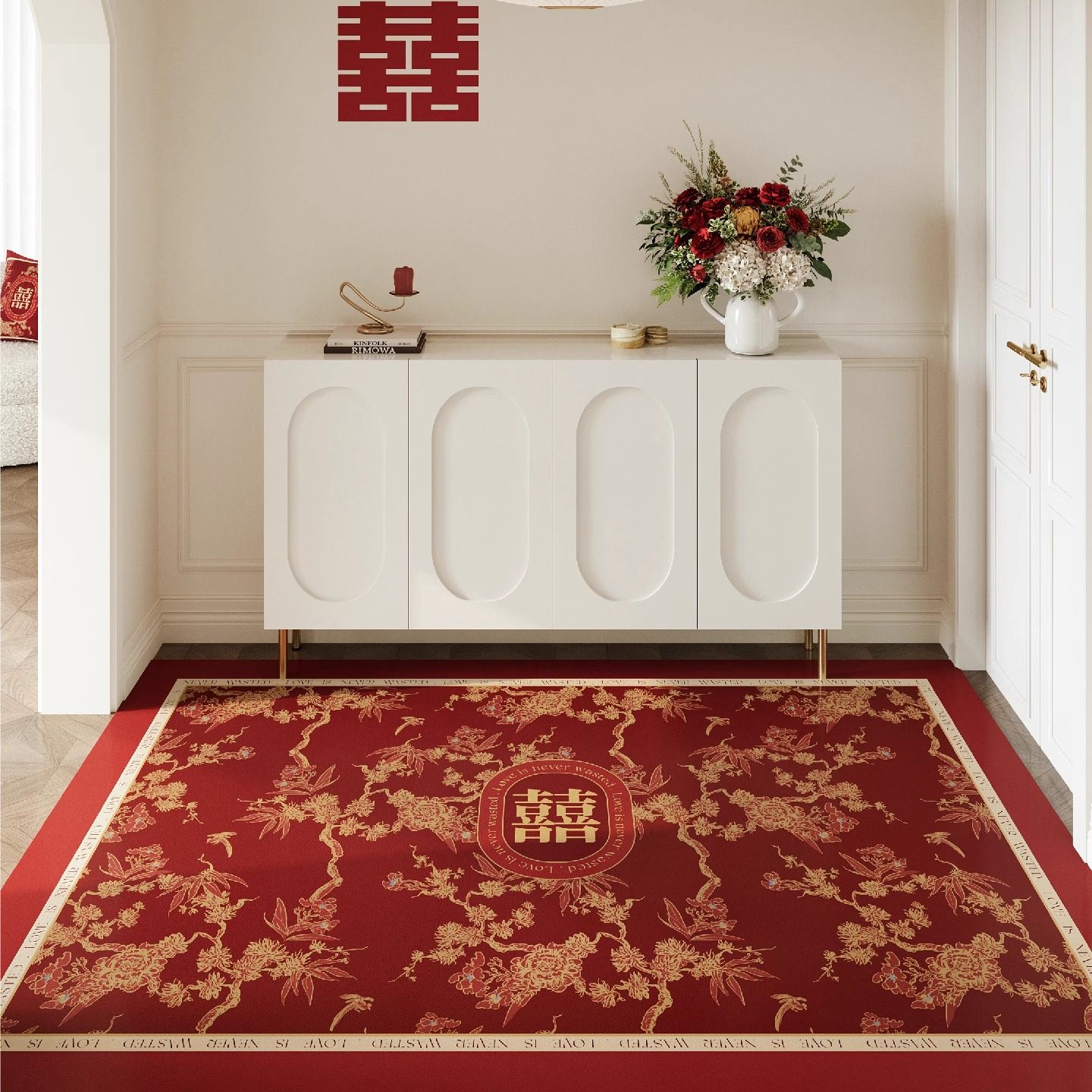 爱慕新中式入户门地垫红色结婚