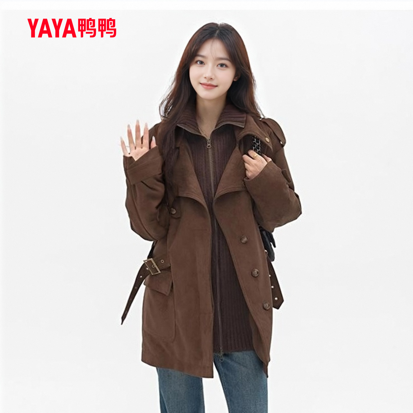 鸭鸭中长款风衣羽绒服女拼接立领2025冬新品时尚复古气质收腰外套