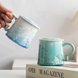 结晶釉陶瓷泡茶杯简约个人专用马克杯办公室家用一人饮带盖喝水杯