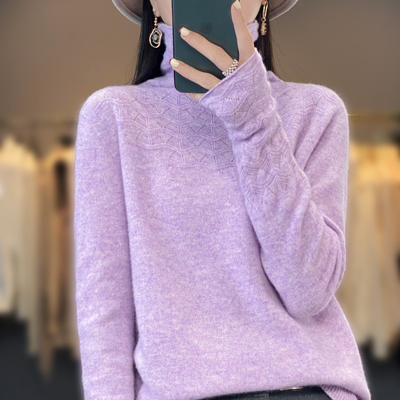 温柔精致 一线成衣堆堆领羊毛衫女紫色打底毛衣保暖纯羊毛针织衫