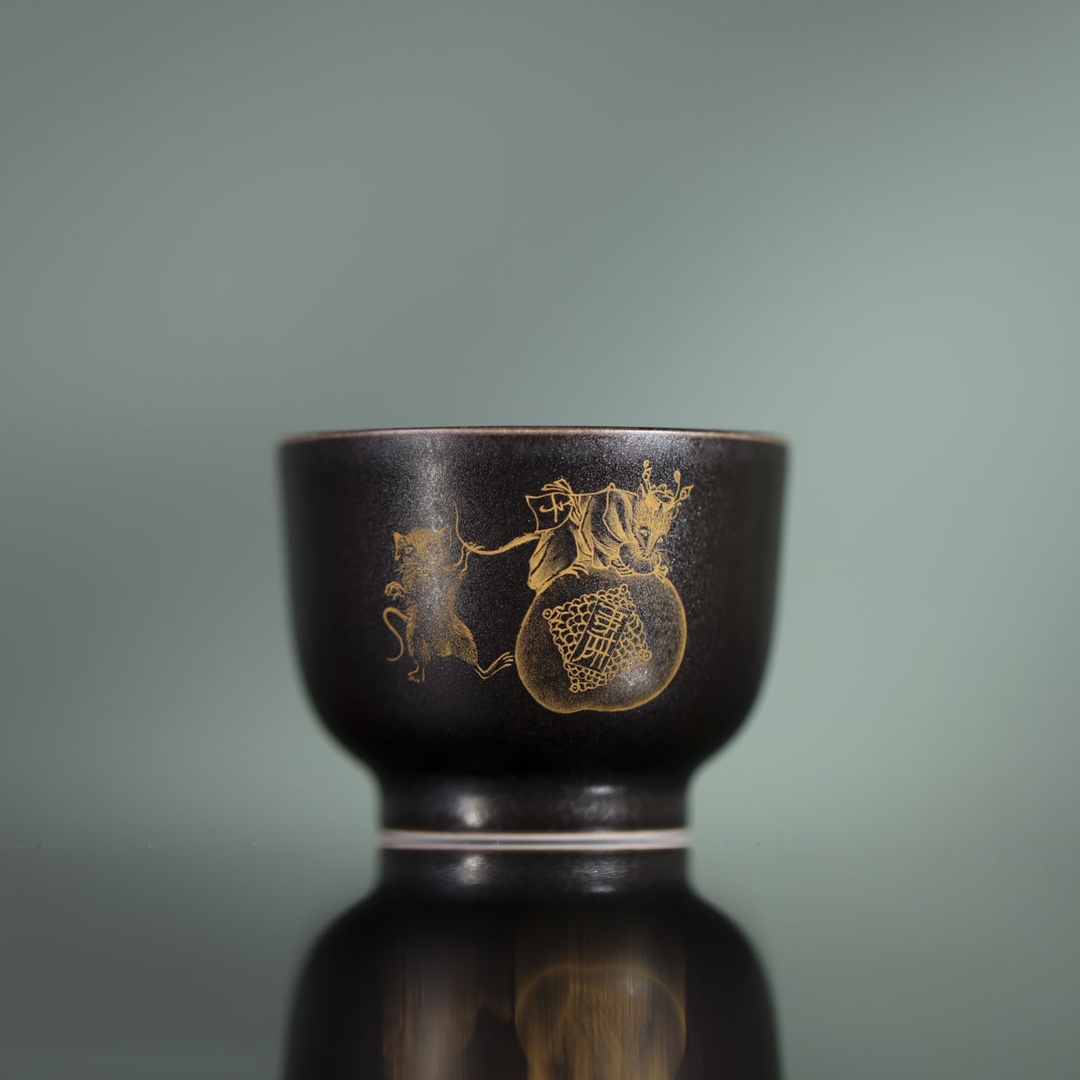 九段烧妙手燔功银星黑釉老鼠单杯银星釉小品杯高端岩茶杯生肖鼠杯