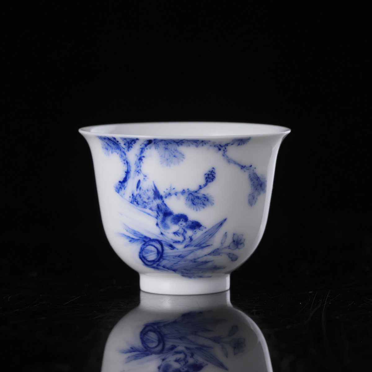 九段烧-妙手青花-花鸟饮杯（新）-陶瓷 手绘有差异