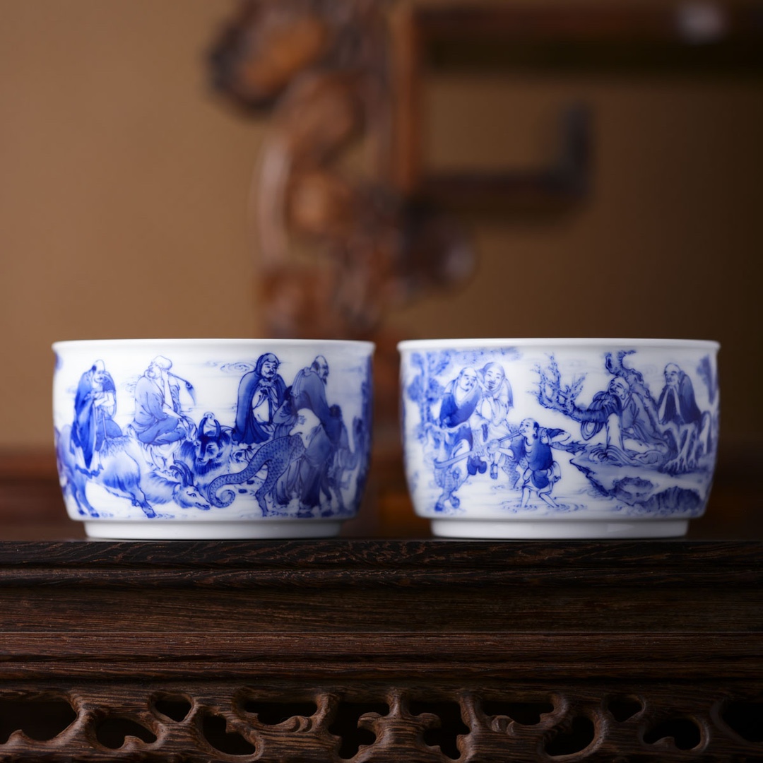 九段烧九段妙手十八罗汉对杯高端收藏玉璧杯陶瓷主人杯段窑茶杯