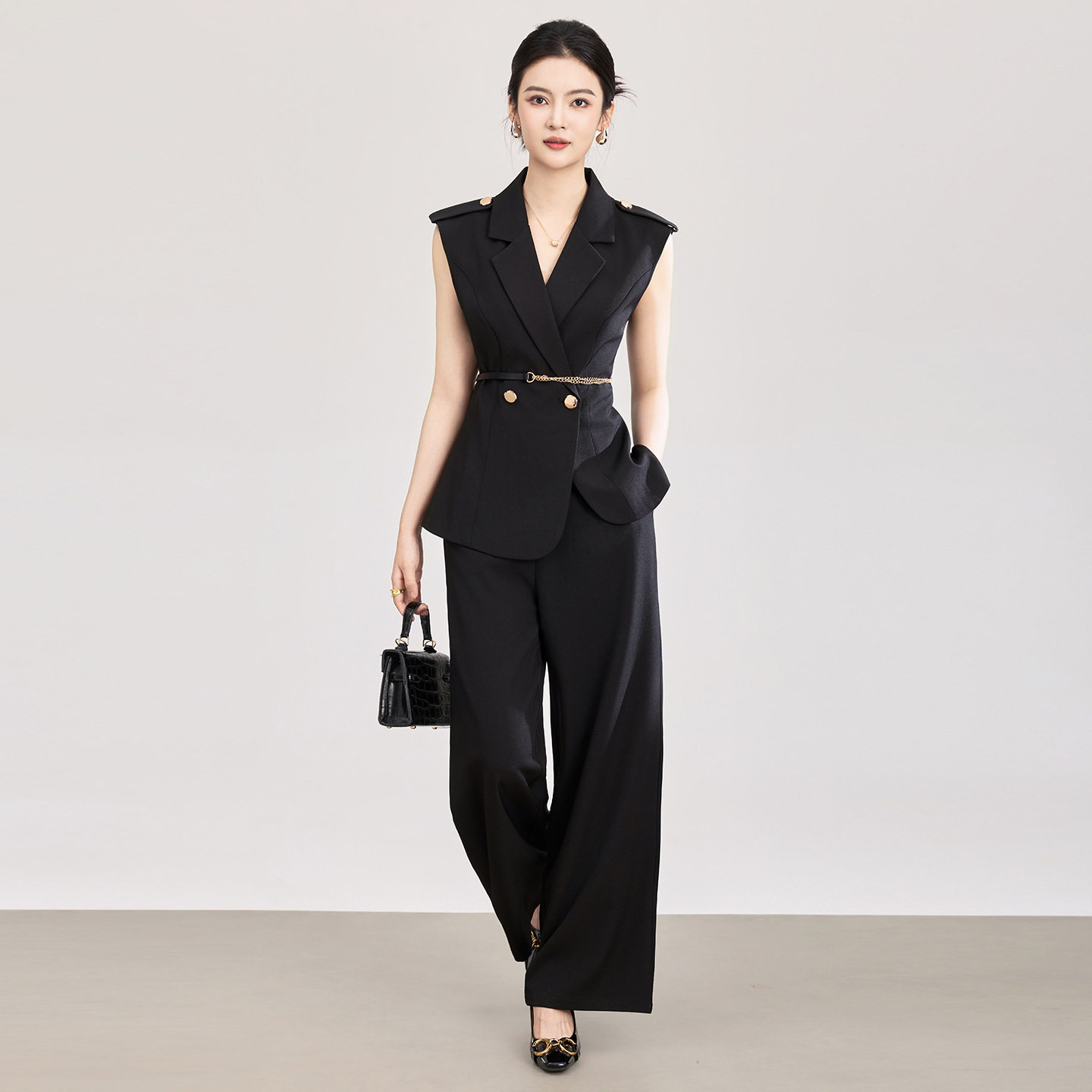 南油减龄干练气质西装收腰马甲+垂感阔腿裤套装女春夏款高端休闲