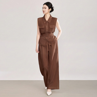 天丝亚麻老钱风腰带无袖衬衫+高腰阔腿裤套装女夏南油款气质优雅