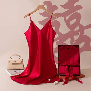 新婚真丝睡衣情侣套装家居服男士睡衣女士吊带睡袍结婚本命年红色